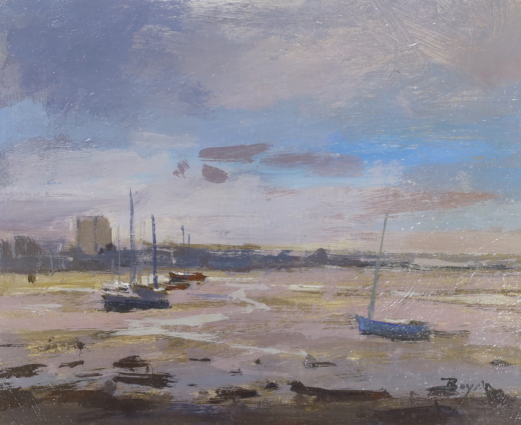 Boyd, Impressionist oil on board, Coastal view with boats, signed, 20 x 25cm